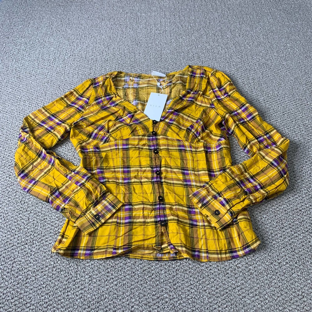 Vila Womens Blouse Shirt Size 36 Yellow Plaid Long Sleeves Button Up NWT